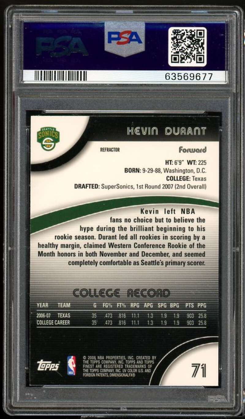 Kevin Durant Rookie Card 2007-08 Finest Refractor #71 PSA 9 Image 2