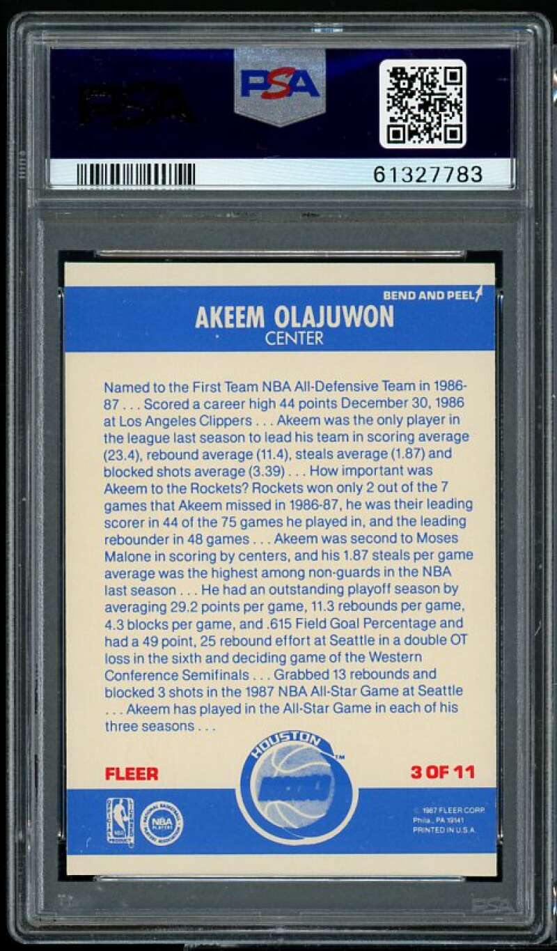 Akeem Olajuwon Card 1987-88 Fleer Stickers #3 PSA 9 Image 2
