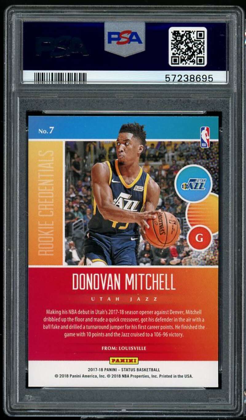 Donovan Mitchell Rookie Card 2017-18 Panini Status Rookie Credentials #7 PSA 10 Image 2