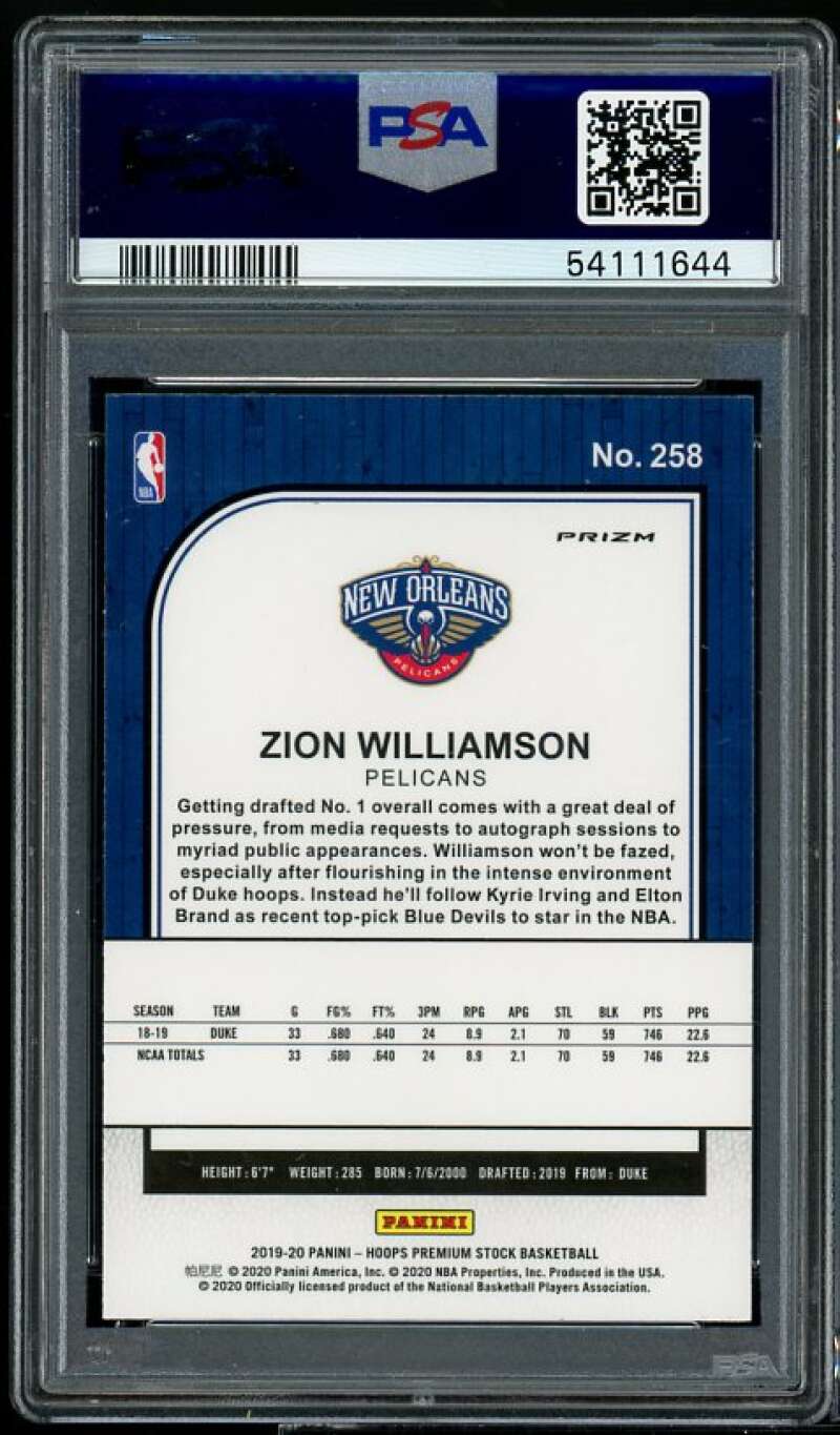 Zion Williamson Rookie Card 2019-20 Premium Stock Silver Prizm #258 PSA 9 Image 2