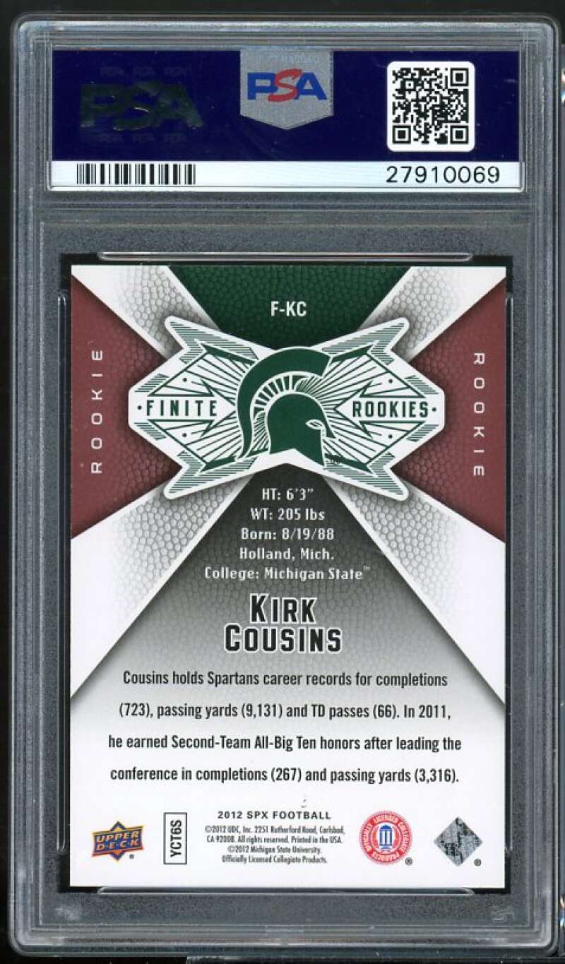 Kirk Cousins Rookie Card 2012 SPx Finite Rookies #F-KC (pop 2) PSA 10 Image 2