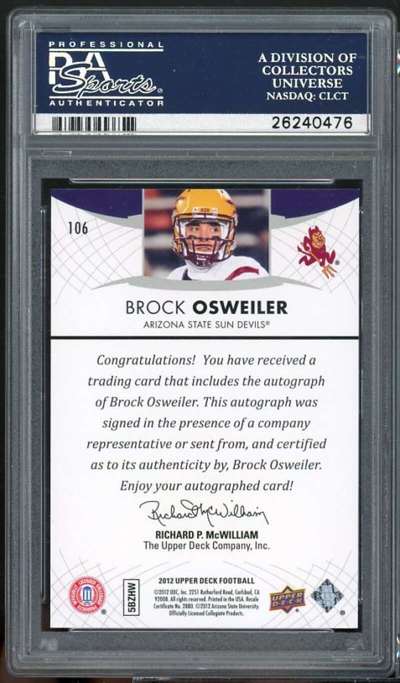 Brock Osweiler Rookie Card 2012 Upper Deck Autograph #106 PSA 9 Image 2