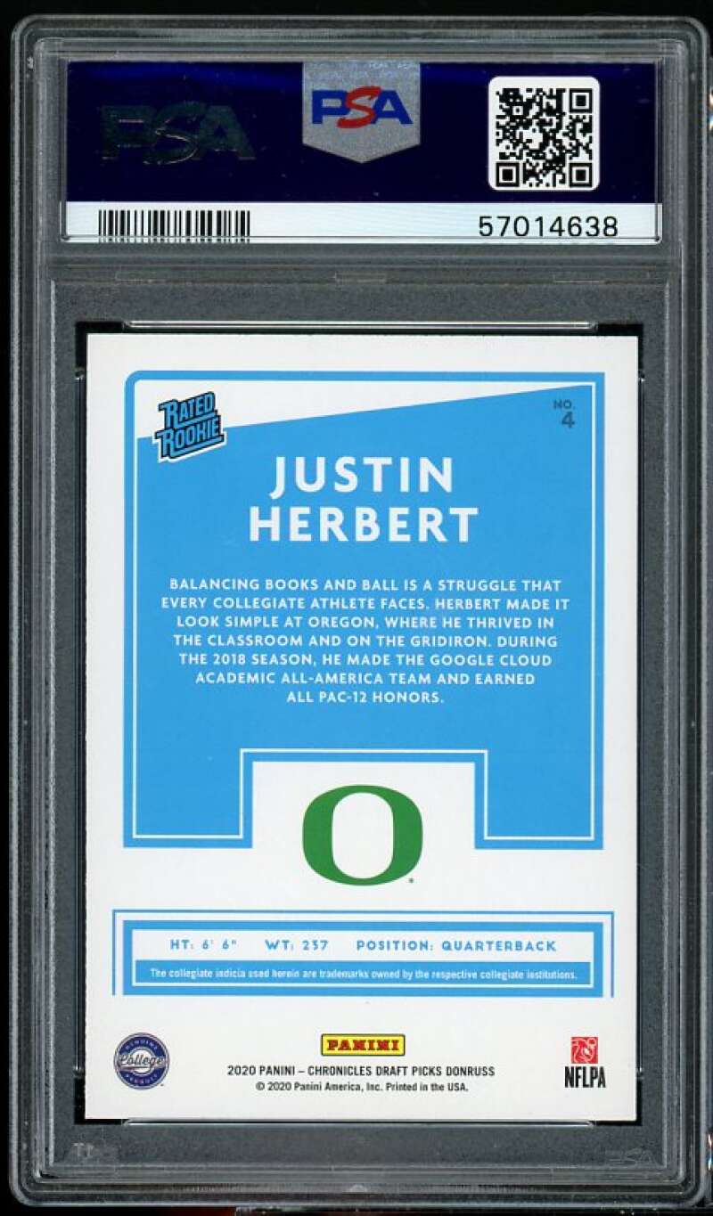 Justin Herbert Rookie Card 2020 Panini Chronicles Draft Picks Donruss #4 PSA 9 Image 2