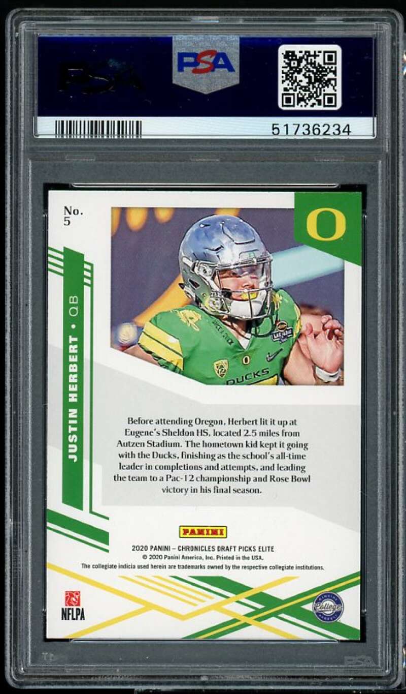 Justin Herbert Rookie 2020 Panini Chronicles Draft Picks Elite Rookies #5 PSA 9 Image 2