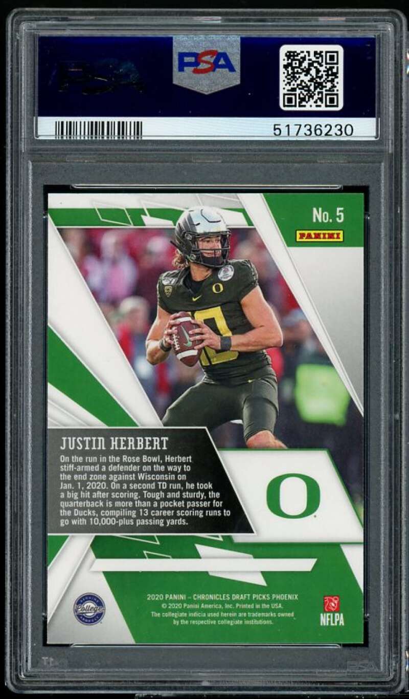 Justin Herbert Rookie Card 2020 Panini Chronicles Draft Picks Phoenix #5 PSA 9 Image 2