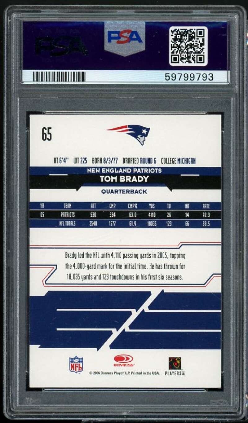 Tom Brady Card 2006 Leaf Rookies &amp; Stars #65 PSA 9 Image 2