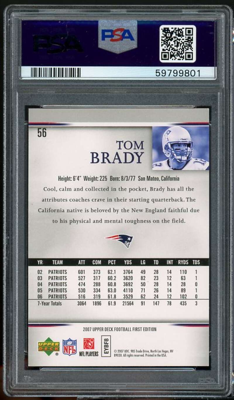 Tom Brady Card 2007 UD First Edition Gold #56 PSA 9 Image 2