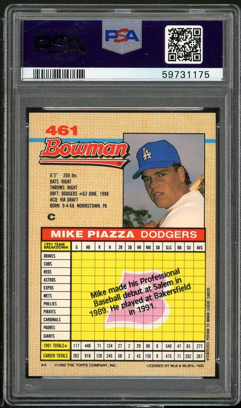 Mike Piazza Rookie Card 1992 Bowman #461 PSA 9 Image 2