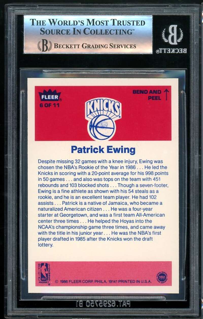 Patrick Ewing Rookie Card 1986-87 Fleer Stickers #6 BGS 9 (9 9 8.5 9) Image 2