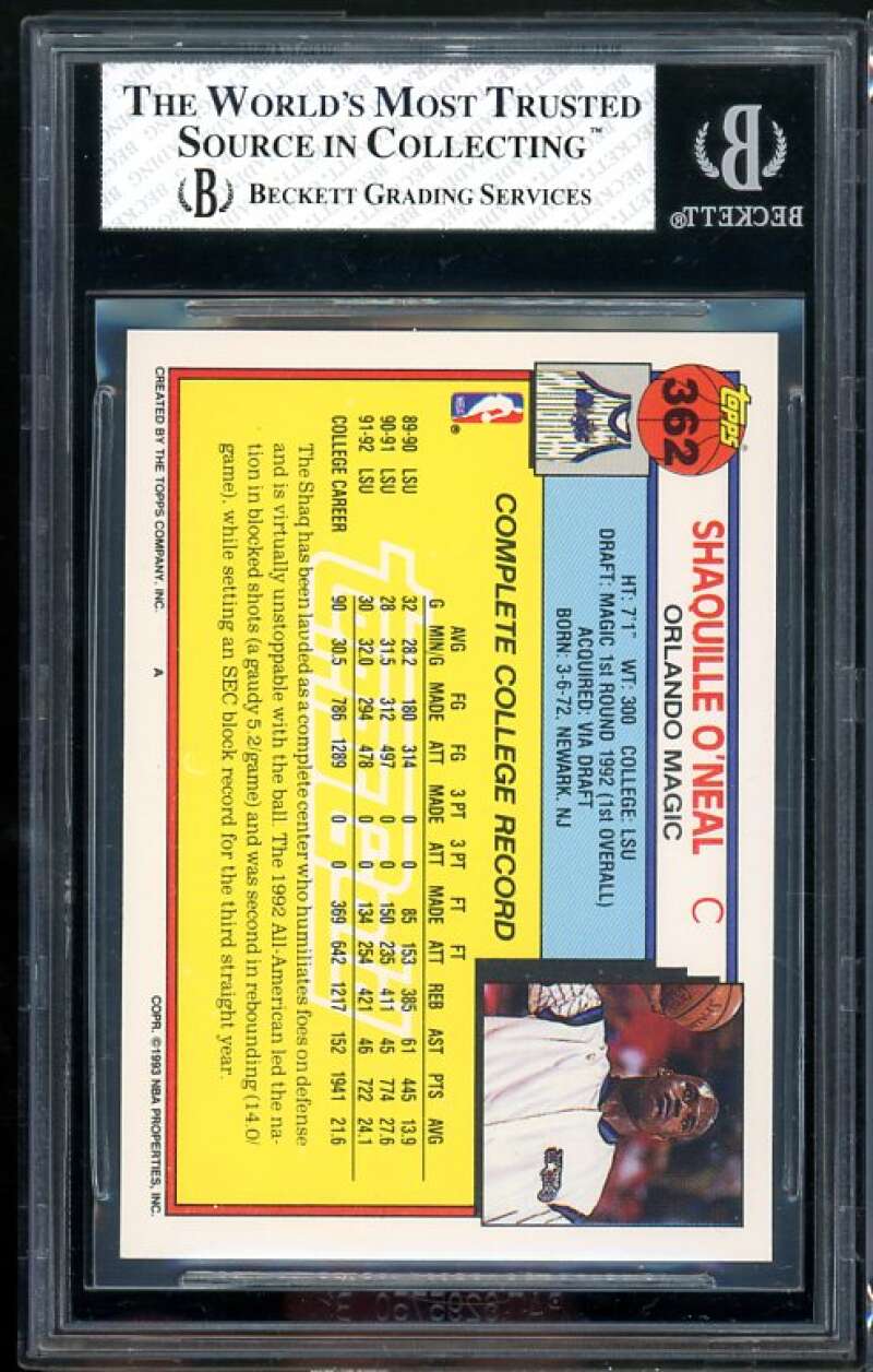 Shaquille O'Neal Rookie Card 1992-93 Topps Gold #362 BGS 8 Image 2