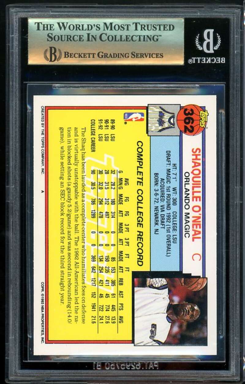 Shaquille O'Neal Rookie Card 1992-93 Topps Gold #362 BGS 9.5 (9.5 9.5 9.5 9) Image 2