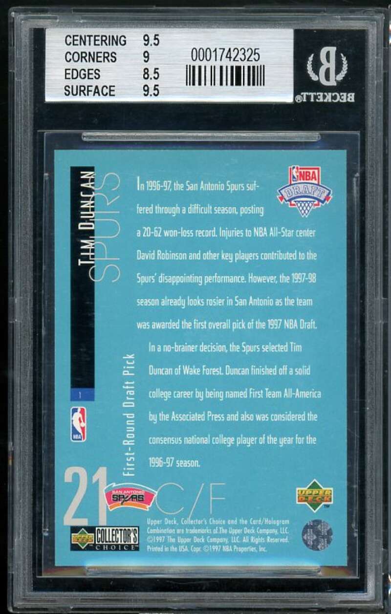 Tim Duncan Rookie 1997-98 Collectors Choice Draft Trade #1 BGS 9 (9.5 9 8.5 9.5) Image 2