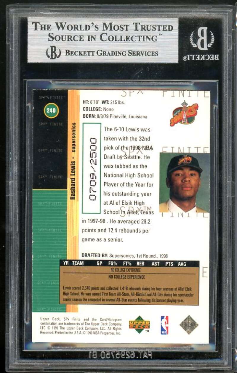 Rashard Lewis Rookie Card 1998-99 SPX Finite #240 BGS 9 (9.5 9 8.5 9) Image 2