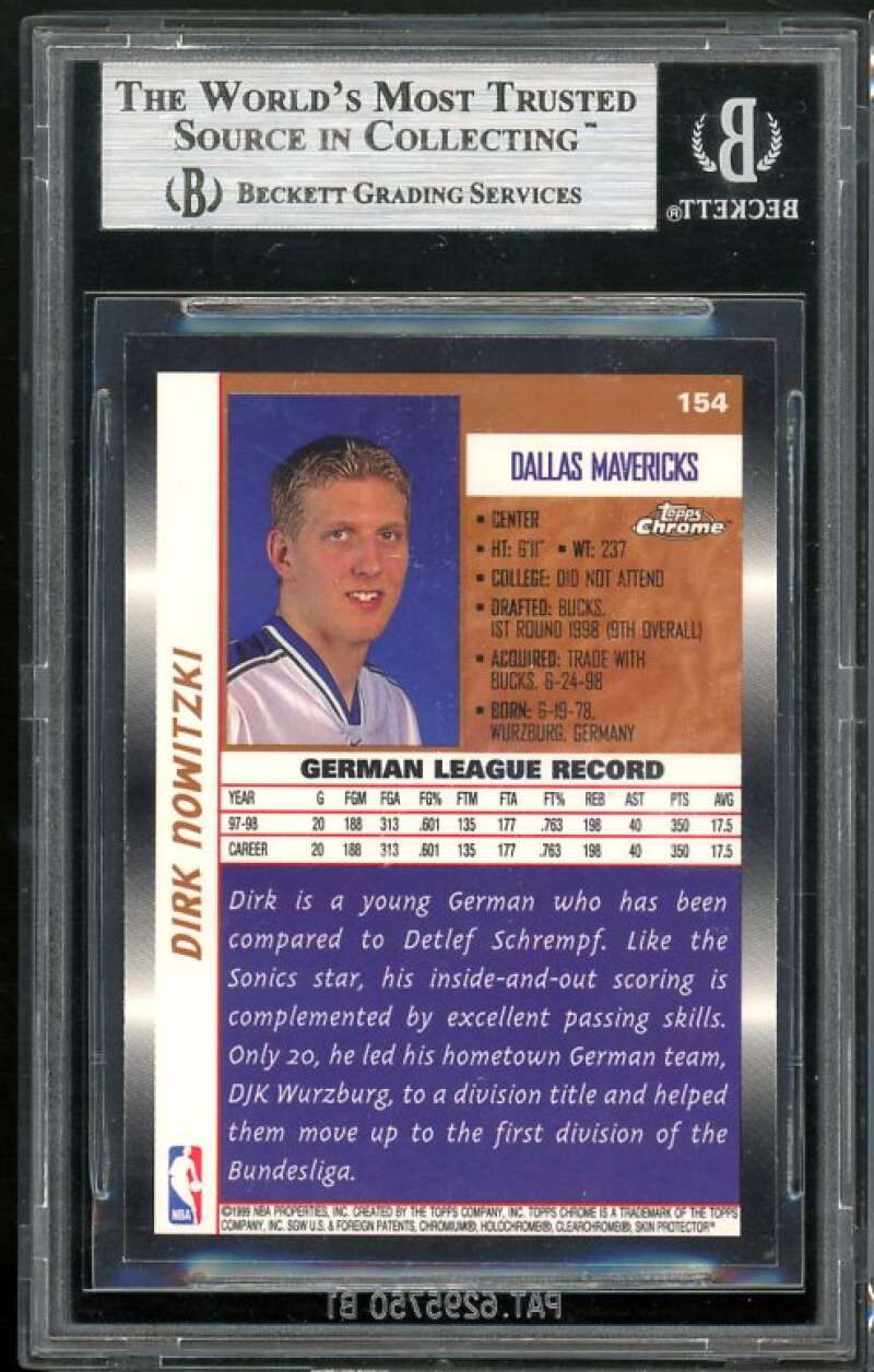 Dirk Nowitzki Rookie Card 1998-99 Topps Chrome #154 BGS 9 (9.5 8.5 9 9) Image 2