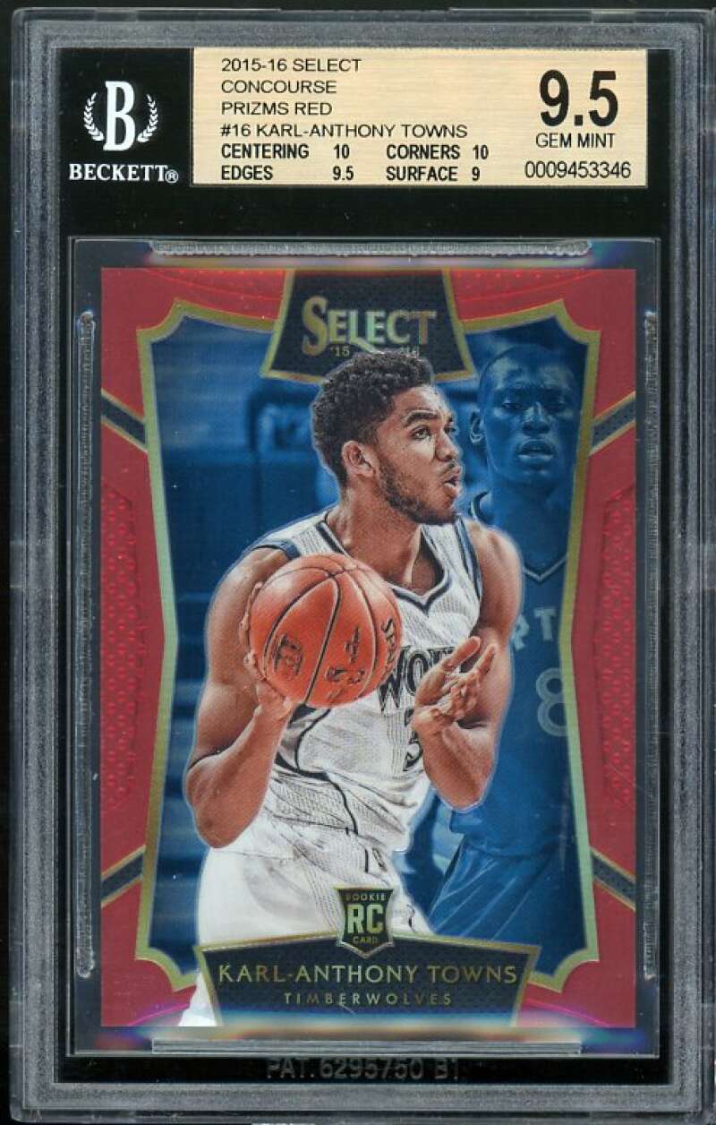 Karl-Anthony Towns RC 2015-16 Select Concourse Prizms Red BGS 9.5 (10 10 9.5 9) Image 1