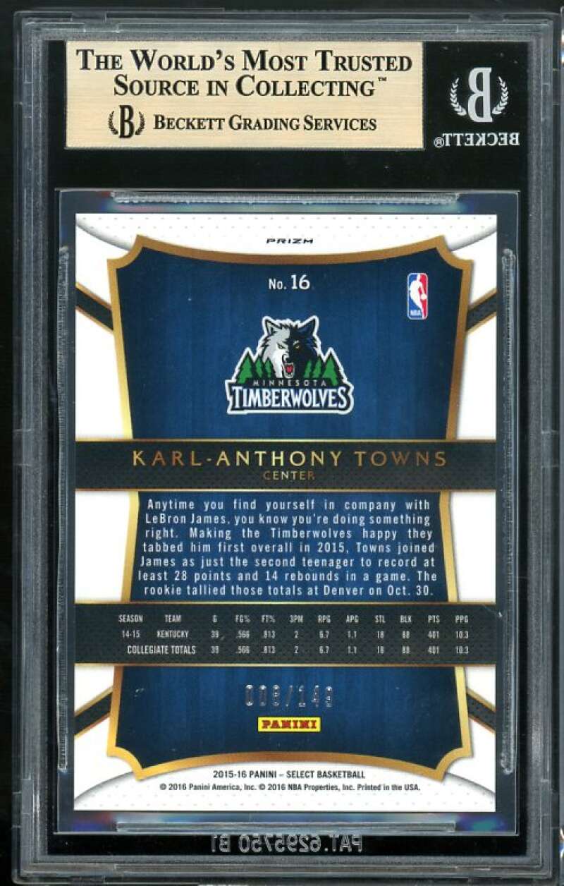 Karl-Anthony Towns RC 2015-16 Select Concourse Prizms Red BGS 9.5 (10 10 9.5 9) Image 2