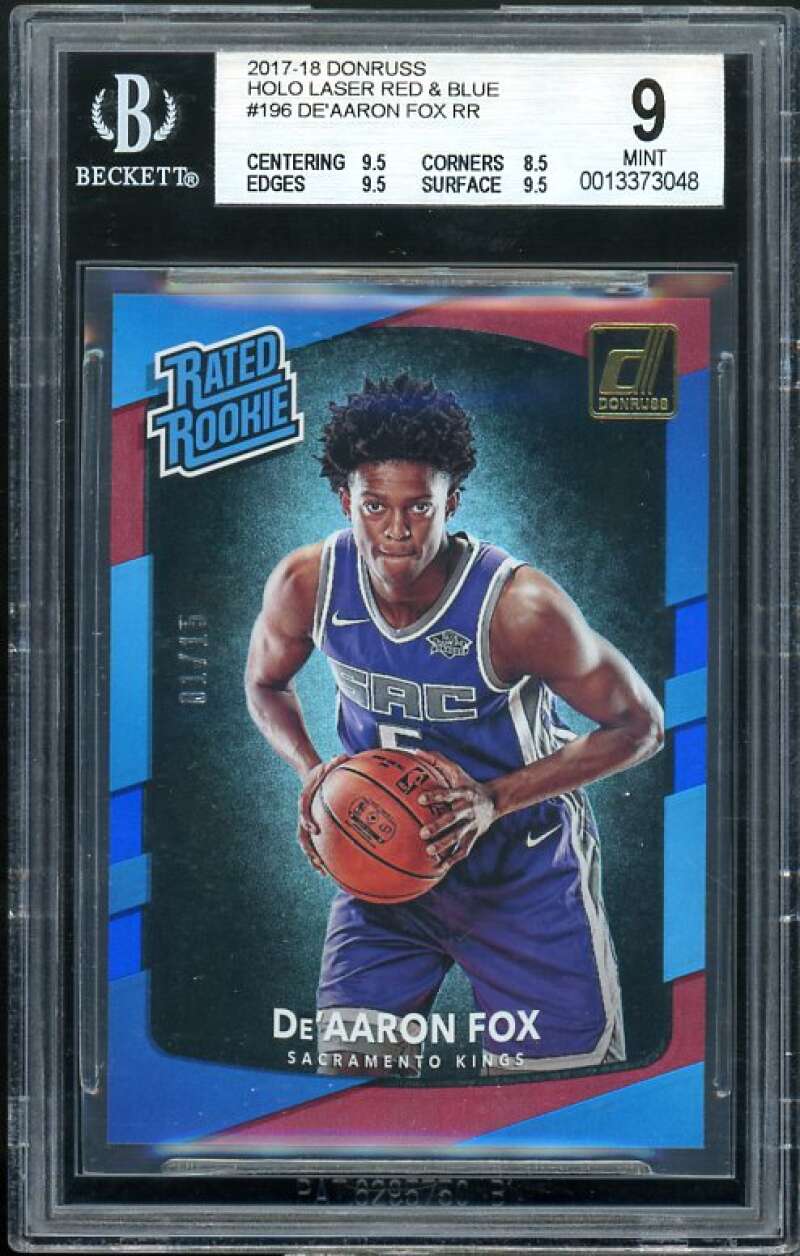 De'Aaron Fox Rookie Card 2017-18 Donruss Holo Laser Red Blue #196 BGS 9 Image 1