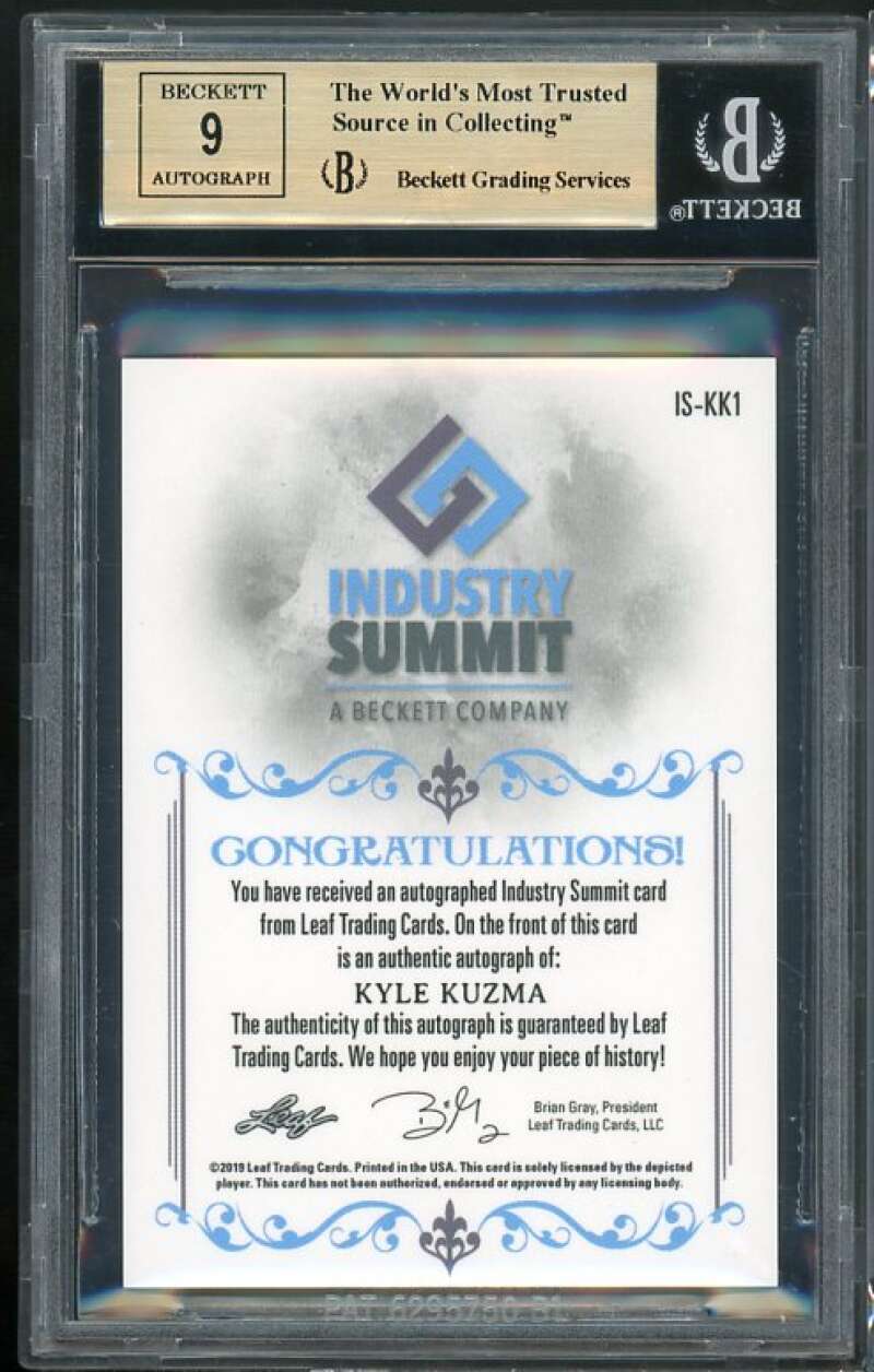 Kyle Kuzma Card 2019 Leaf Industry Summit Autographs Green 1/1 #iskk1 BGS 9.5 Image 2