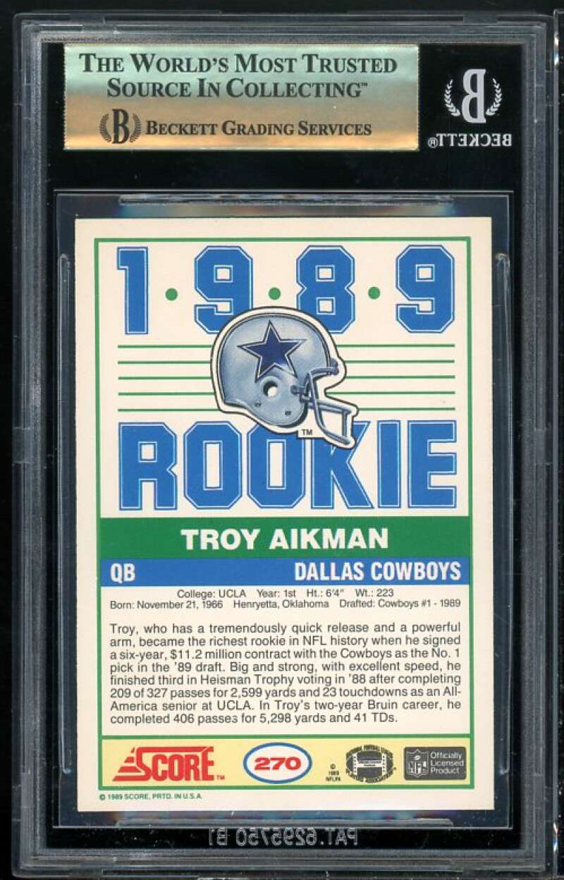 Troy Aikman Rookie Card 1989 Score #270 BGS 9.5 Image 2