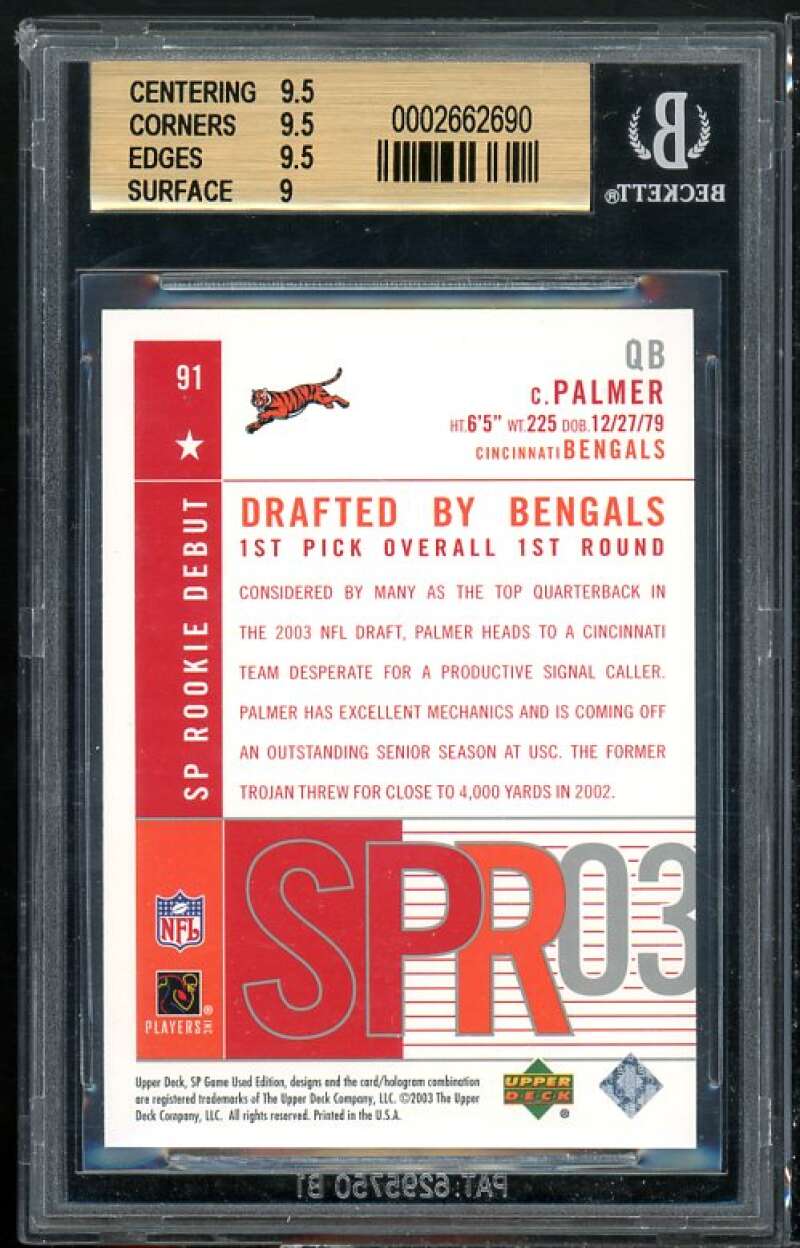 Carson Palmer Rookie Card 2003 SP Game Used Edition #91 BGS 9.5 (9.5 9.5 9.5 9) Image 2