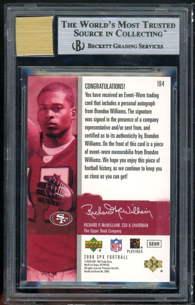 Brandon Williams Rookie Card 2006 SPX Spectrum JSY AUTO #194 BGS 9 (10 9 9 8.5) Image 2