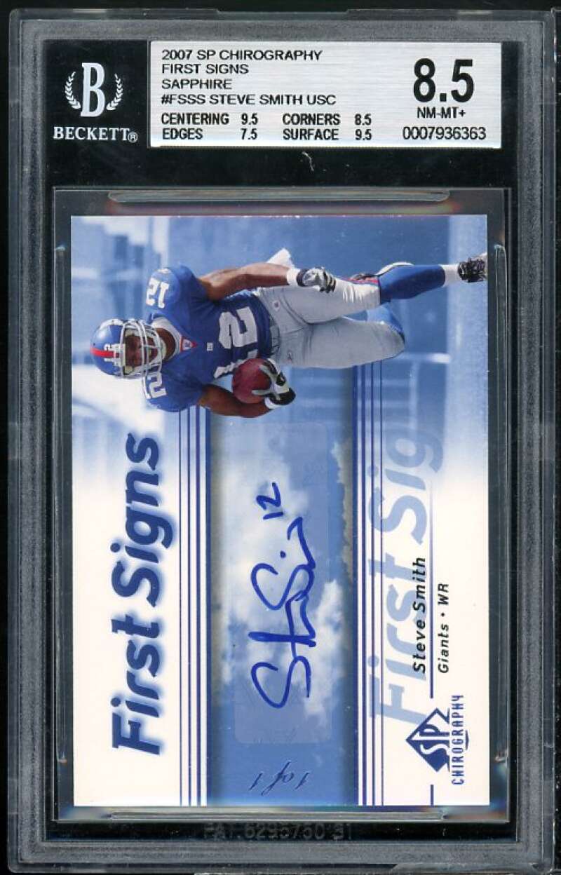 Steve Smith Rookie Card 2007 SP Chirography Signs Sapphire (1/1) #fsss BGS 8.5 Image 1