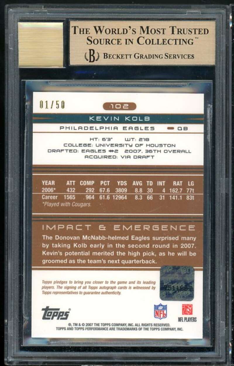 Kevin Kolb Rookie 2007 Topps Performance Rookie Autos Bronze (1/50) #102 BGS 9.5 Image 2