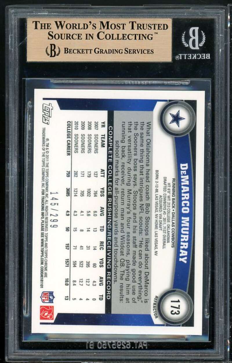 DeMarco Murray Rookie Card 2011 Topps Chrome Black Refractors #173 BGS 9.5 Image 2