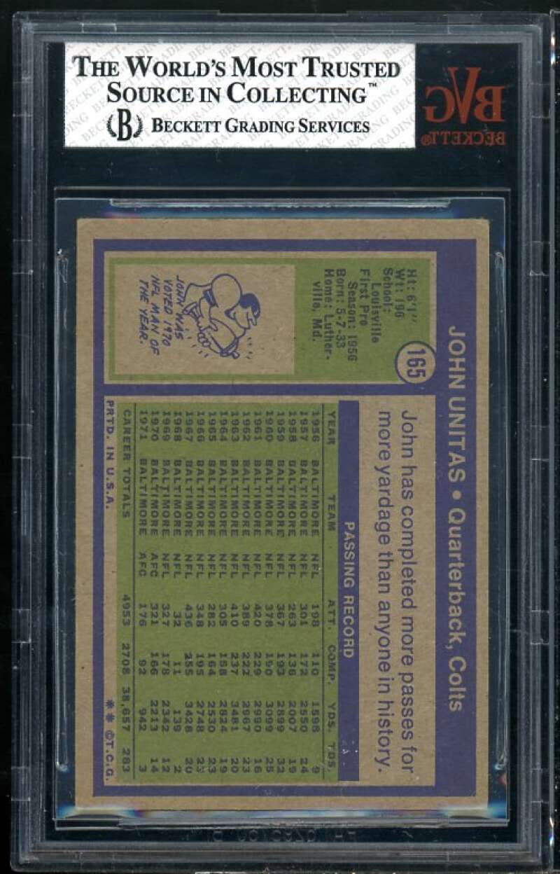 John Unitas Card 1972 Topps #165 BGS BVG 4 Image 2