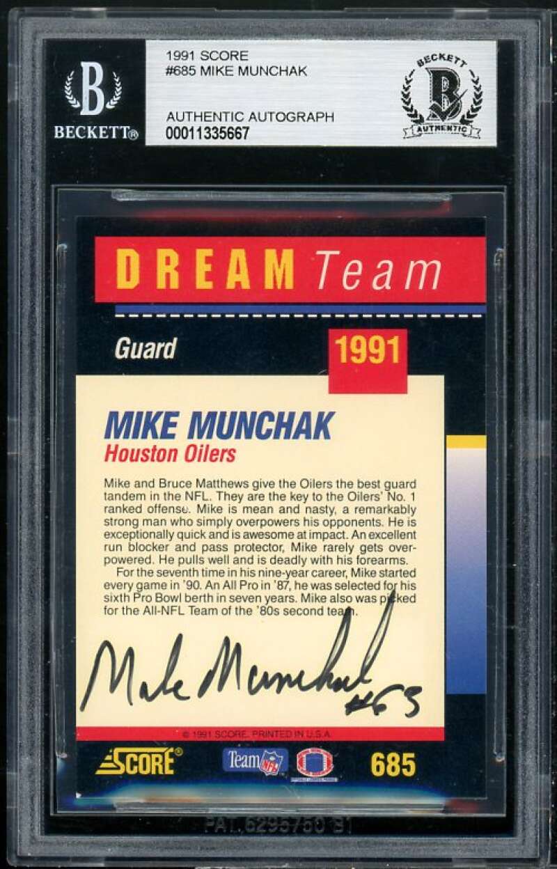 Mike Munchak Card 1991 Score Dream Team Authentic Autograph #685 BGS Image 1