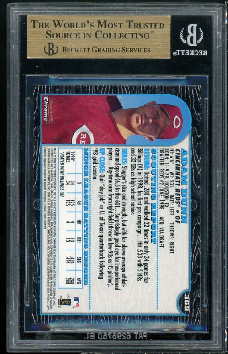 Adam Dunn Rookie Card 1999 Bowman Chrome #369 (PRISTINE) BGS 10 Image 2