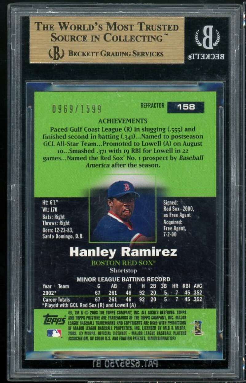 Hanley Ramirez Rookie 2003 Topps Pristine Refractors #158 BGS 9.5 (10 9.5 9.5 9) Image 2