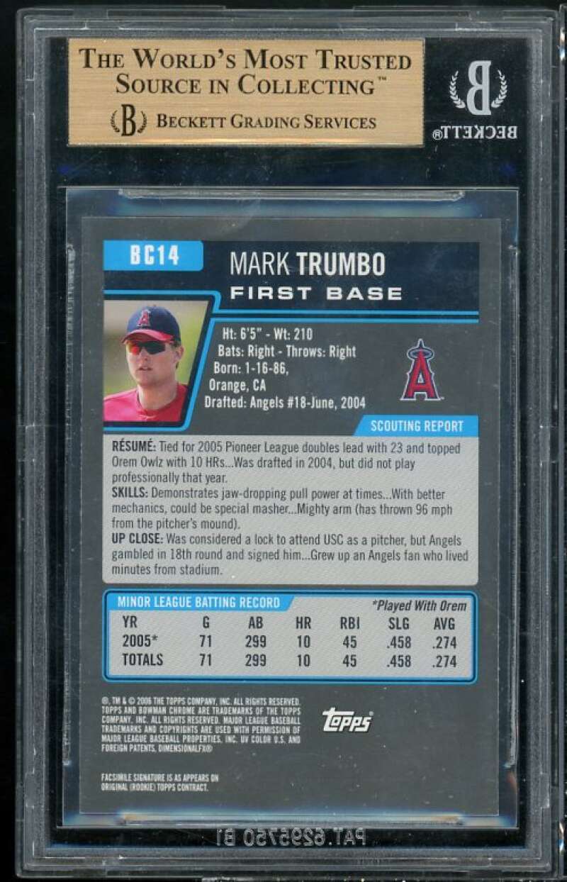 Mark Trumbo Rookie Card 2006 Bowman Chrome Prospects #BC14 (pristine) BGS 10 Image 2