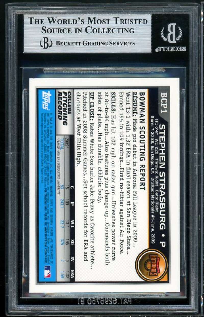 Stephen Strasburg Rookie 2010 Bowman Chrome Prospects #1 BGS 9 (9.5 9.5 9.5 8) Image 2