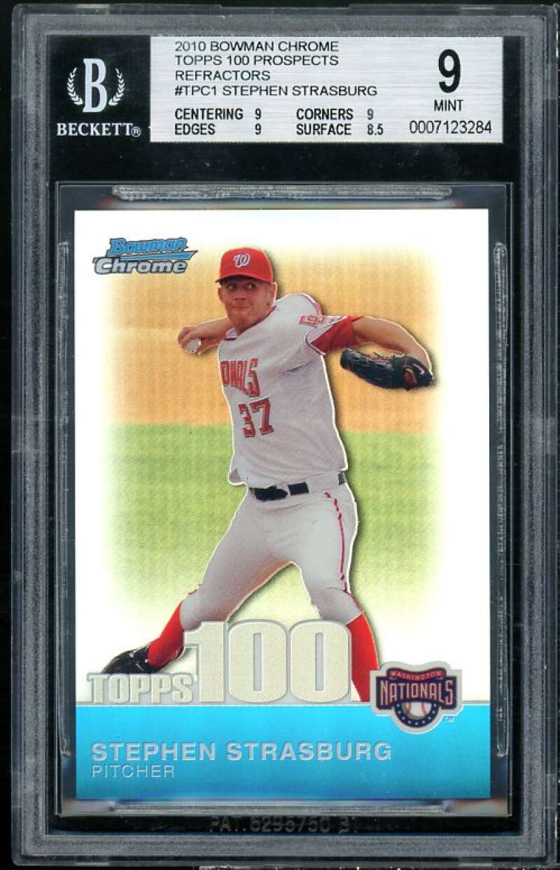 Stephen Strasburg Rookie 2010 Bowman Chrome Topps 100 Refractors #TPC1 BGS 9 Image 1