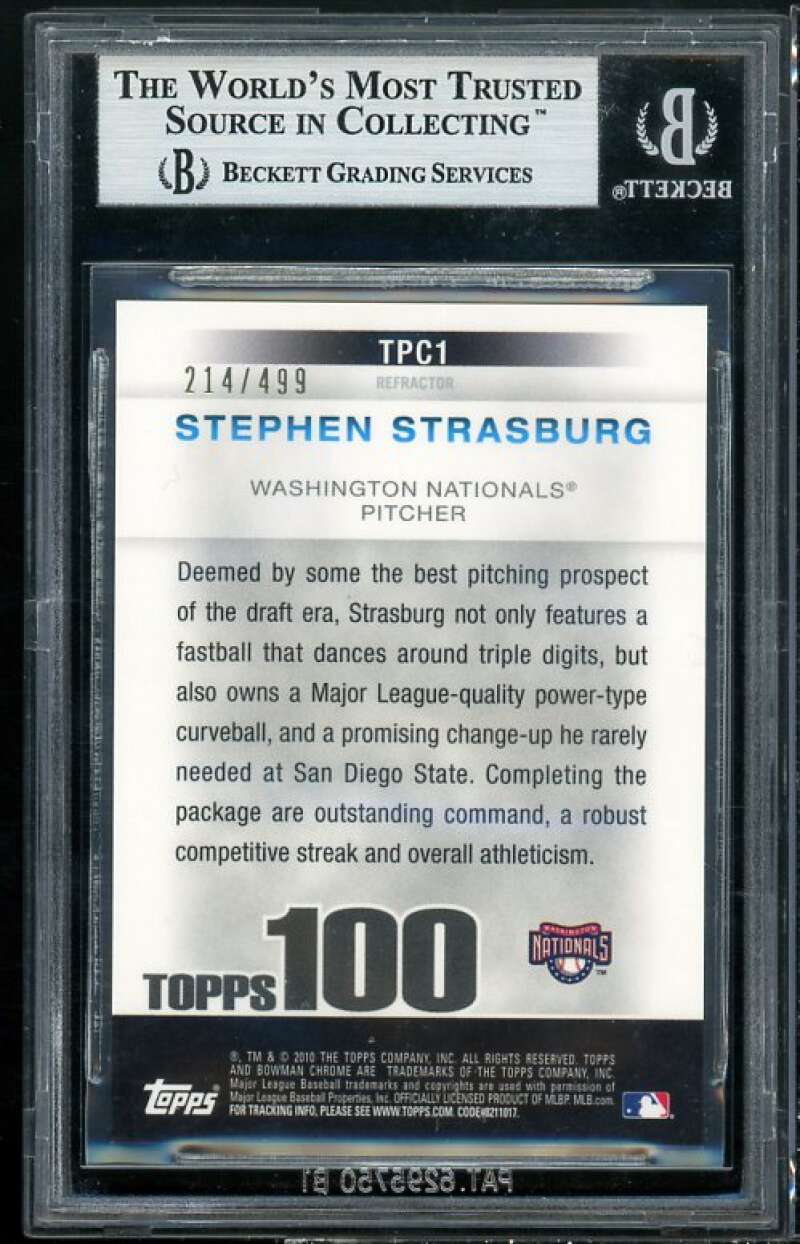 Stephen Strasburg Rookie 2010 Bowman Chrome Topps 100 Refractors #TPC1 BGS 9 Image 2