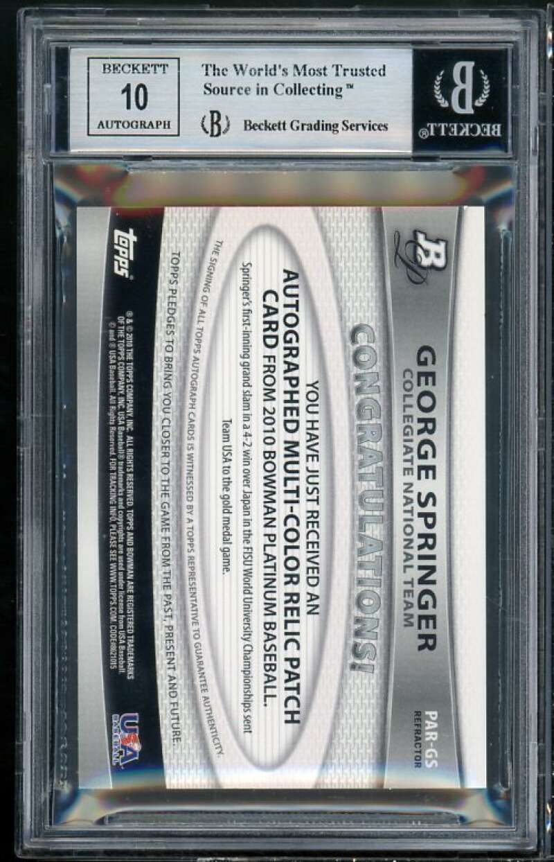 George Springer Rookie 2010 Bowman Platinum Relic Auto Green Ref #GS BGS 8.5 Image 2