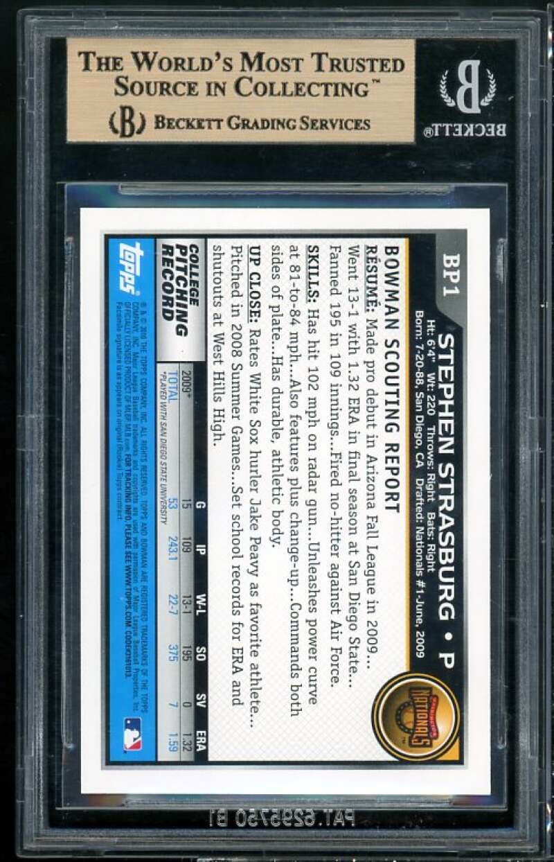 Stephen Strasburg Rookie 2010 Bowman Prospects Black #BP1 BGS 9.5 (9.5 9 9.5 10) Image 2