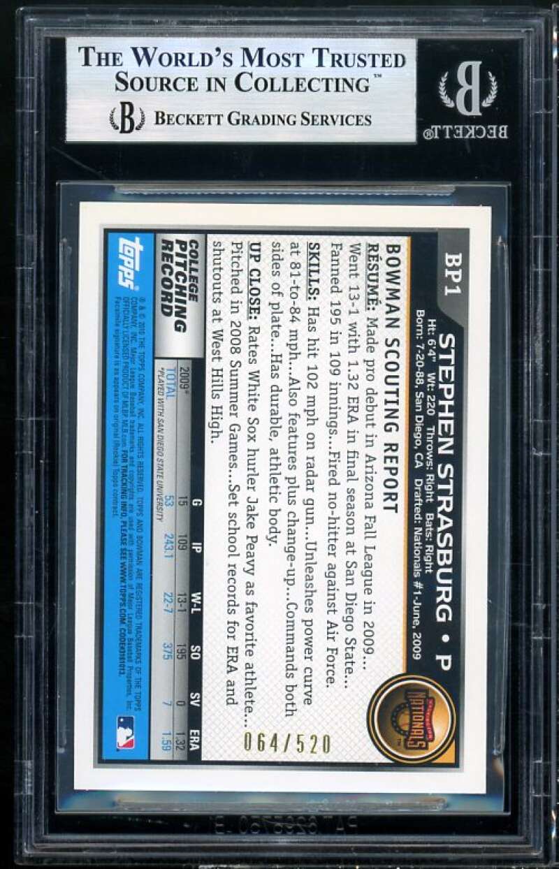 Stephen Strasburg Rookie Card 2010 Bowman Prospects Blue #BP1A BGS 9 Image 2