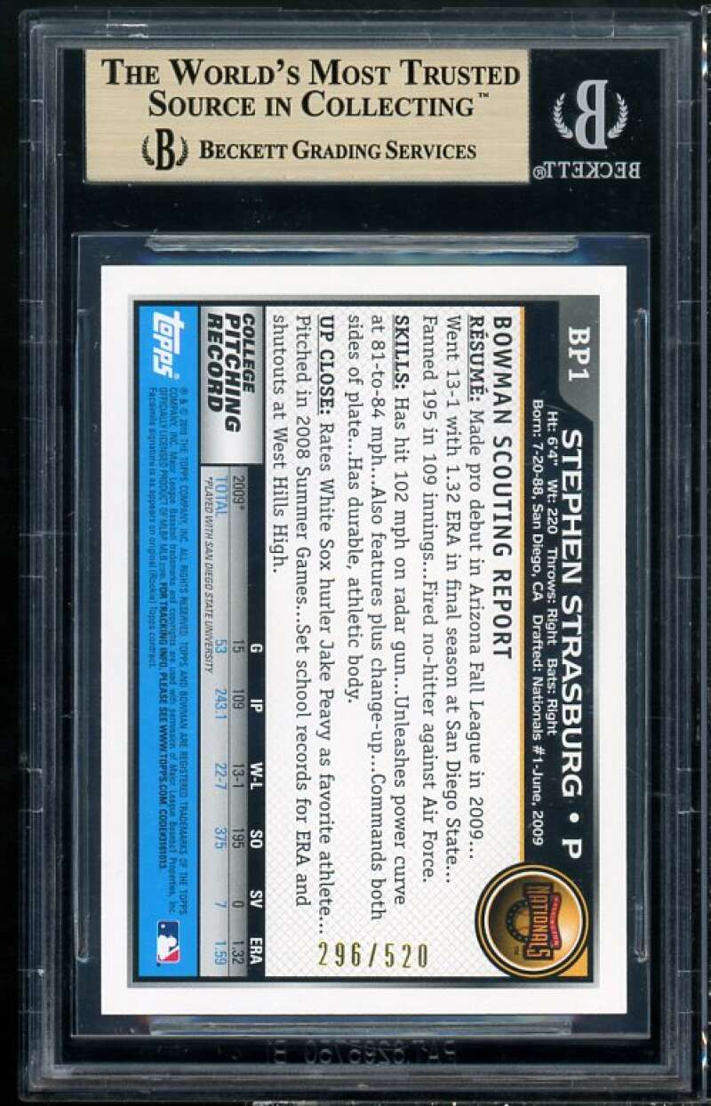 Stephen Strasburg Rookie Card 2010 Bowman Prospects Blue #BP1A BGS 9.5 Image 2