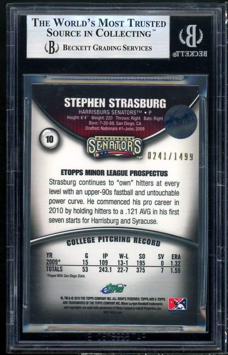 Stephen Strasburg Rookie Card 2010 E-Topps Minor League #10 BGS 9 Image 2