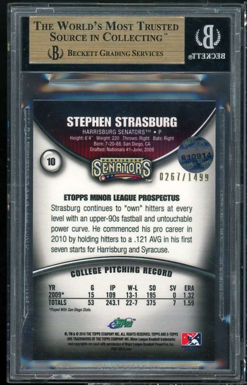 Stephen Strasburg Rookie 2010 E-Topps Minor League #10 BGS 9 (9.5 9 9.5 9.5) Image 2