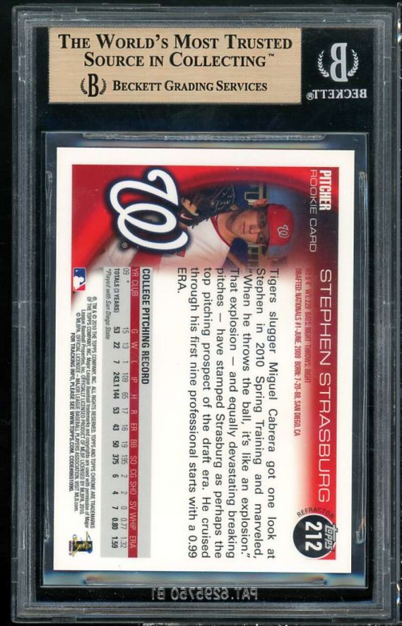 Stephen Strasburg Rookie Card 2010 Topps Chrome Refractors #212 BGS 9.5 Image 2