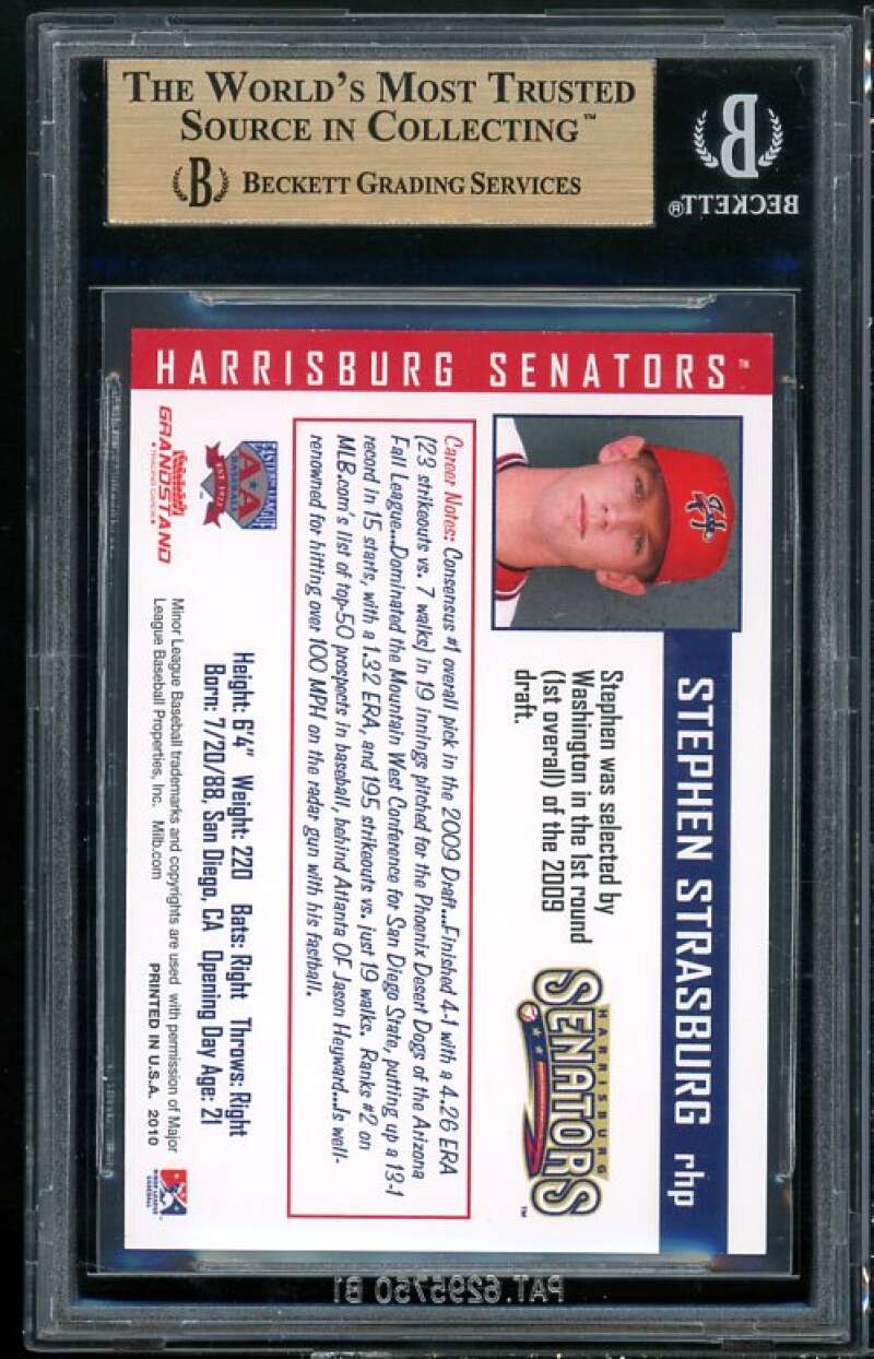 Stephen Strasburg Rookie Card 2010 Harrisburg Senators Grandstand #24 BGS 9.5 Image 2