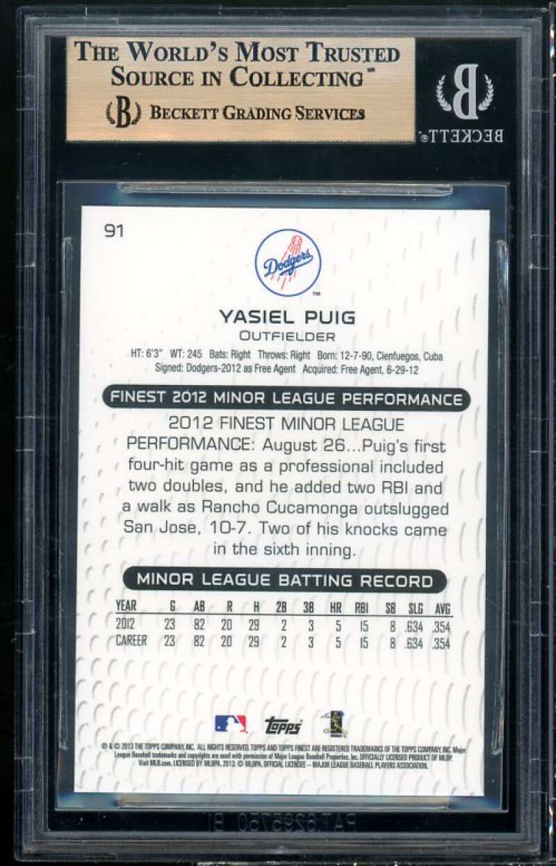 Yasiel Puig Rookie Card 2013 Finest #91 (PRISTINE) BGS 10 Image 2