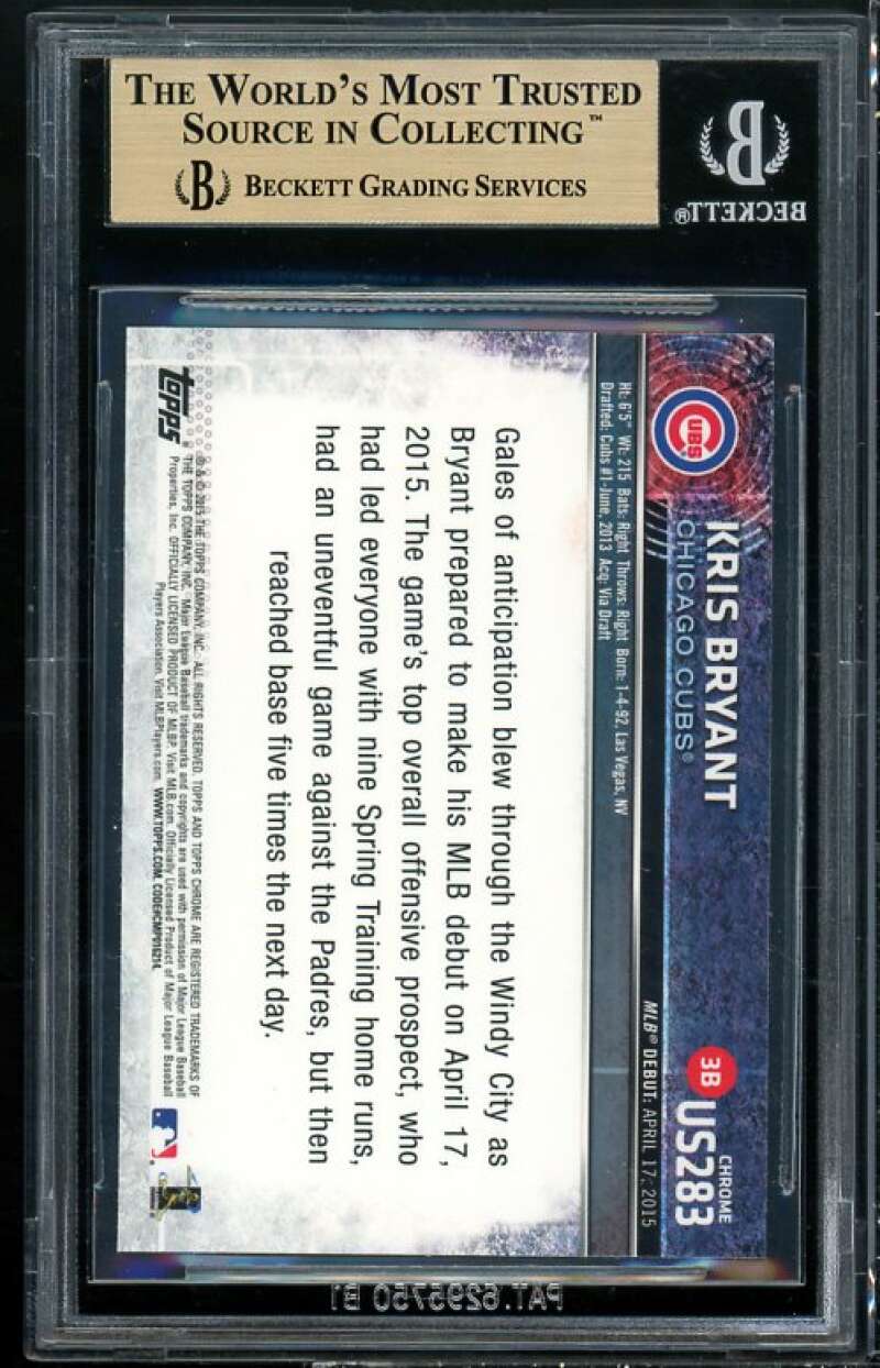 Kris Bryant Rookie Card 2015 Topps Update Chrome #us283 (PRISTINE) BGS 10 Image 2