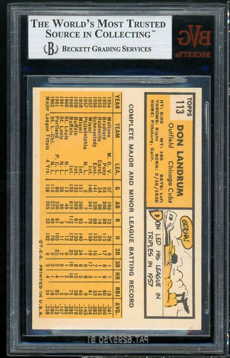 Don Landrum Card 1963 Topps #113 (pop 1) BGS BVG 9 Image 2