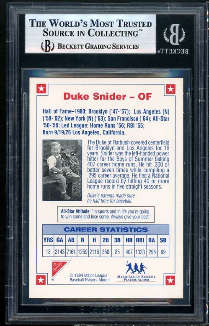 Duke Snider Card 1994 Nabisco All-Star Autographs #4 BGS Authentic Autograph Image 2