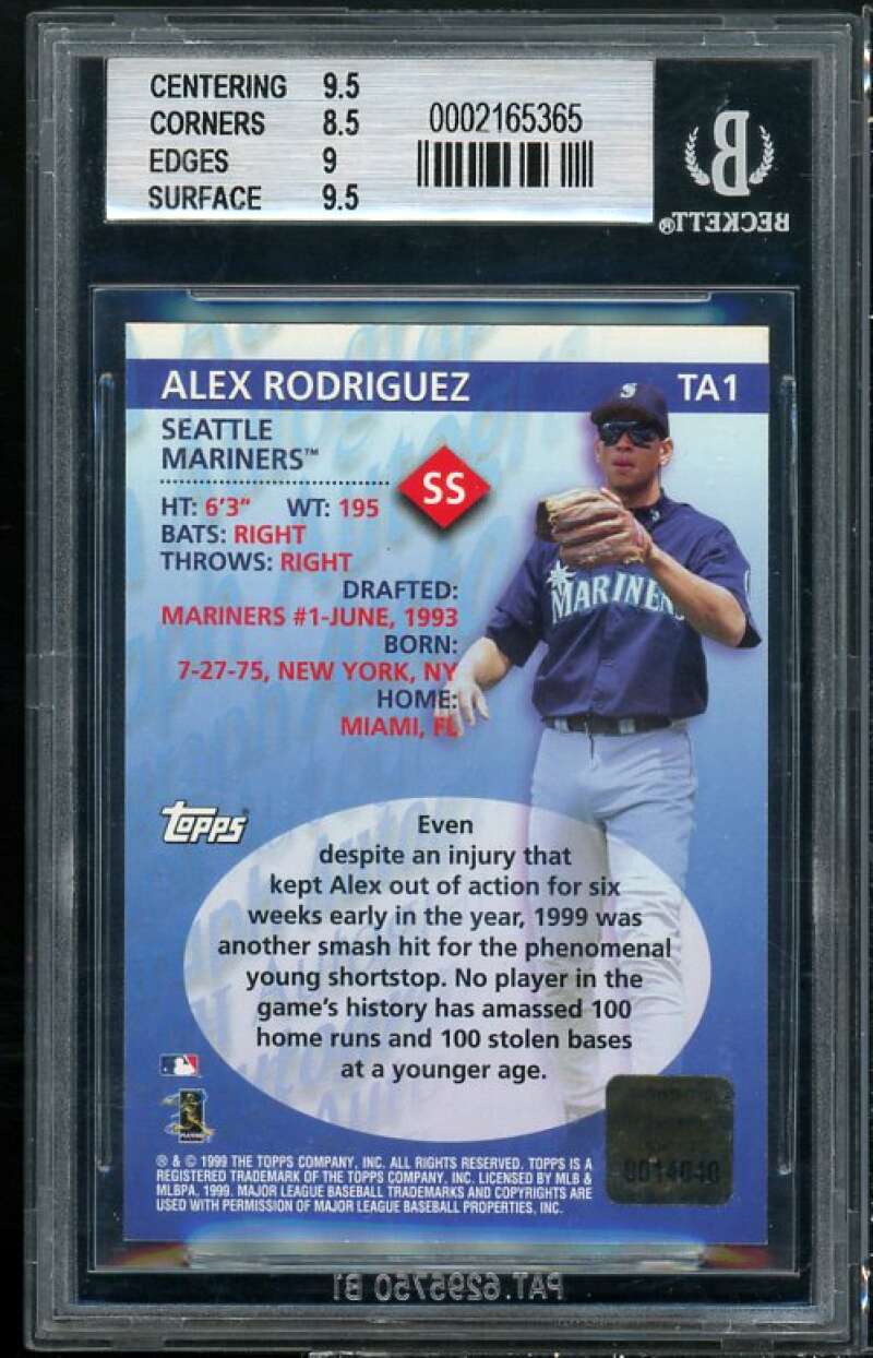 Alex Rodriguez Card 2000 Topps Autographs #ta1 (pop 4) BGS 9 (9.5 8.5 9 9.5) Image 2