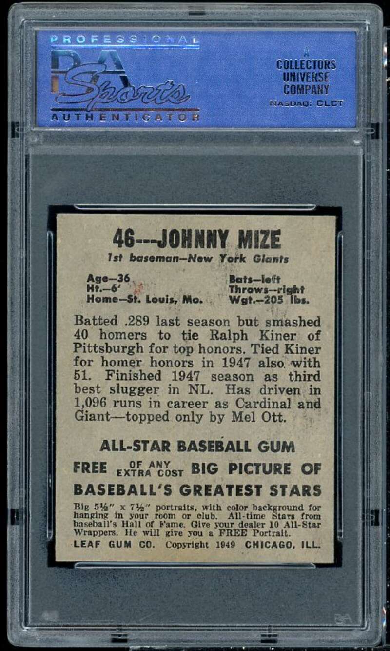 Johnny Mize Card 1948 Leaf #46 PSA 8 Image 2